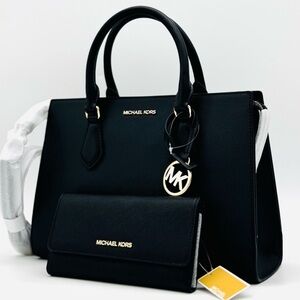 Michael Kors Sheila Medium Satchel Bag & Large Trifold Wallet Black/Gold